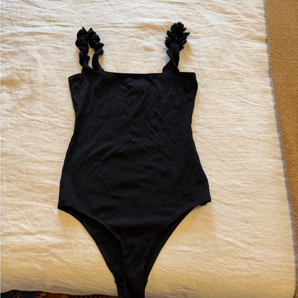 Reformation Black Ruffle-Strap Ribbed Bodysuit - Picture 4 of 6
